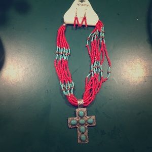 Necklace beads with cross and earrings